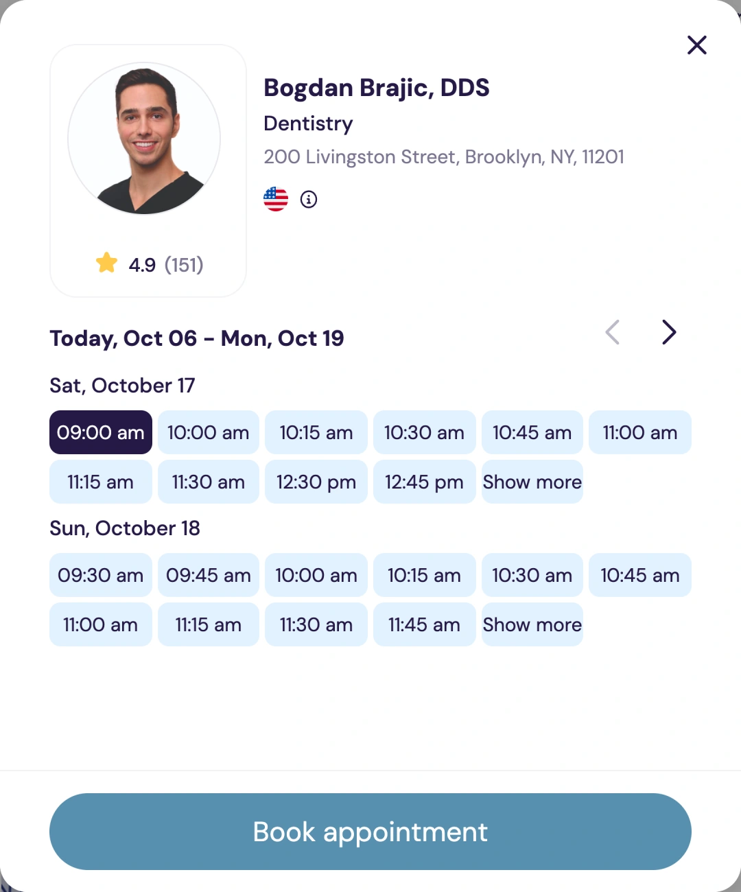 Real BestDoc appointment picker for Bogdan Brajic, DDS, with available morning times on two days and a Book appointment button.