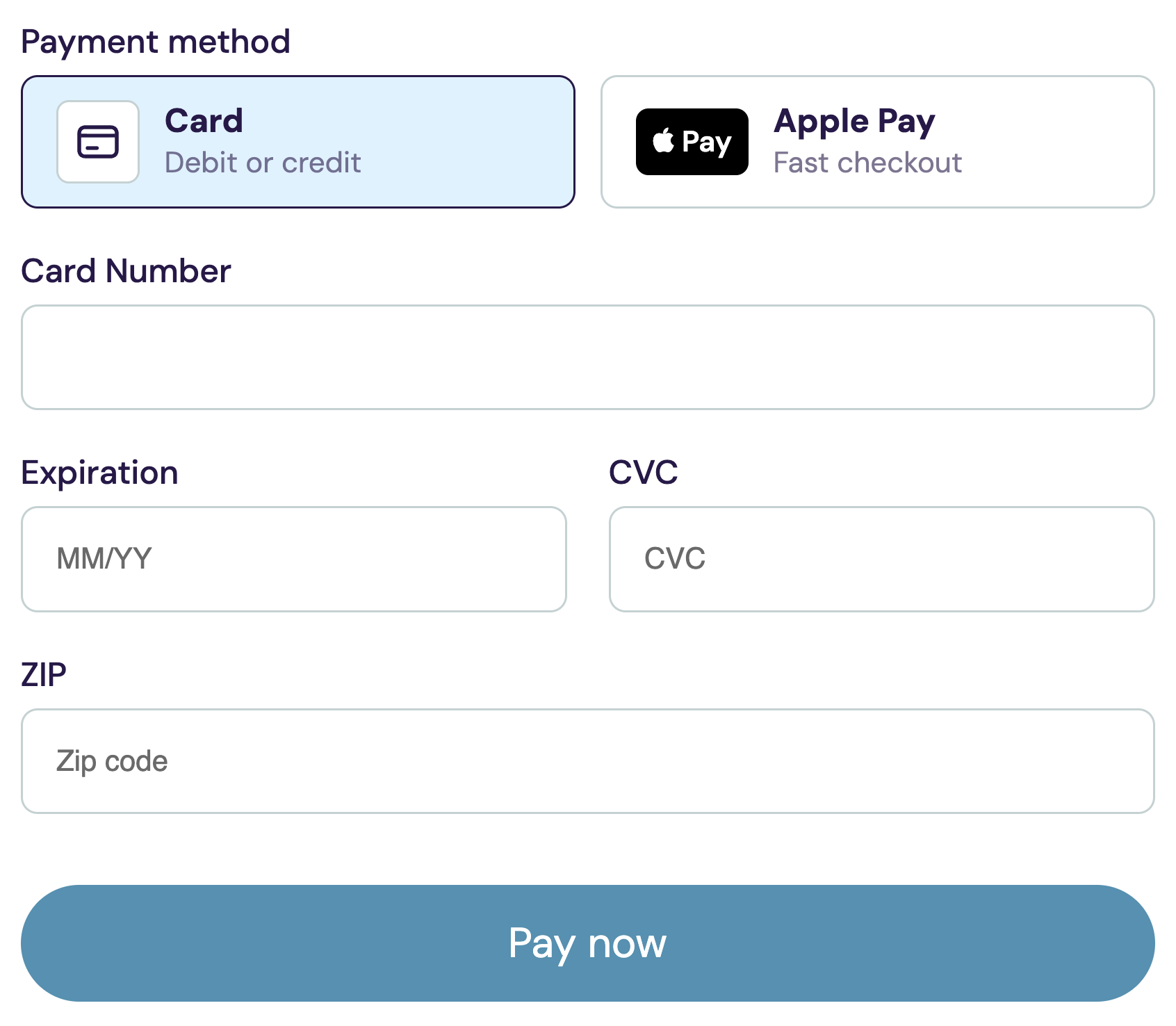 BestDoc payment method selector showing Card and Apple Pay, followed by empty card fields and Pay now.