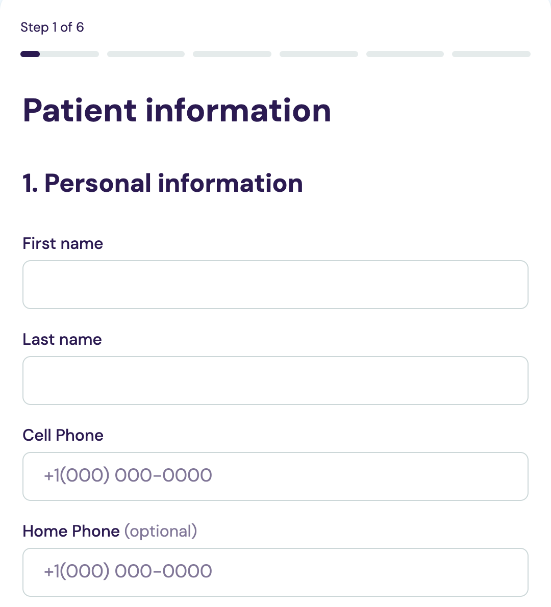 BestDoc patient intake form, step 1 of 6: personal information with empty name and phone fields.