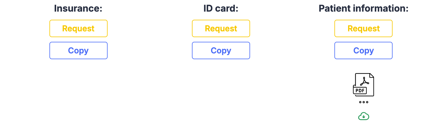 BestDoc patient documents panel with Request and Copy buttons for insurance, ID card and patient information, and a received patient information PDF with a download button.
