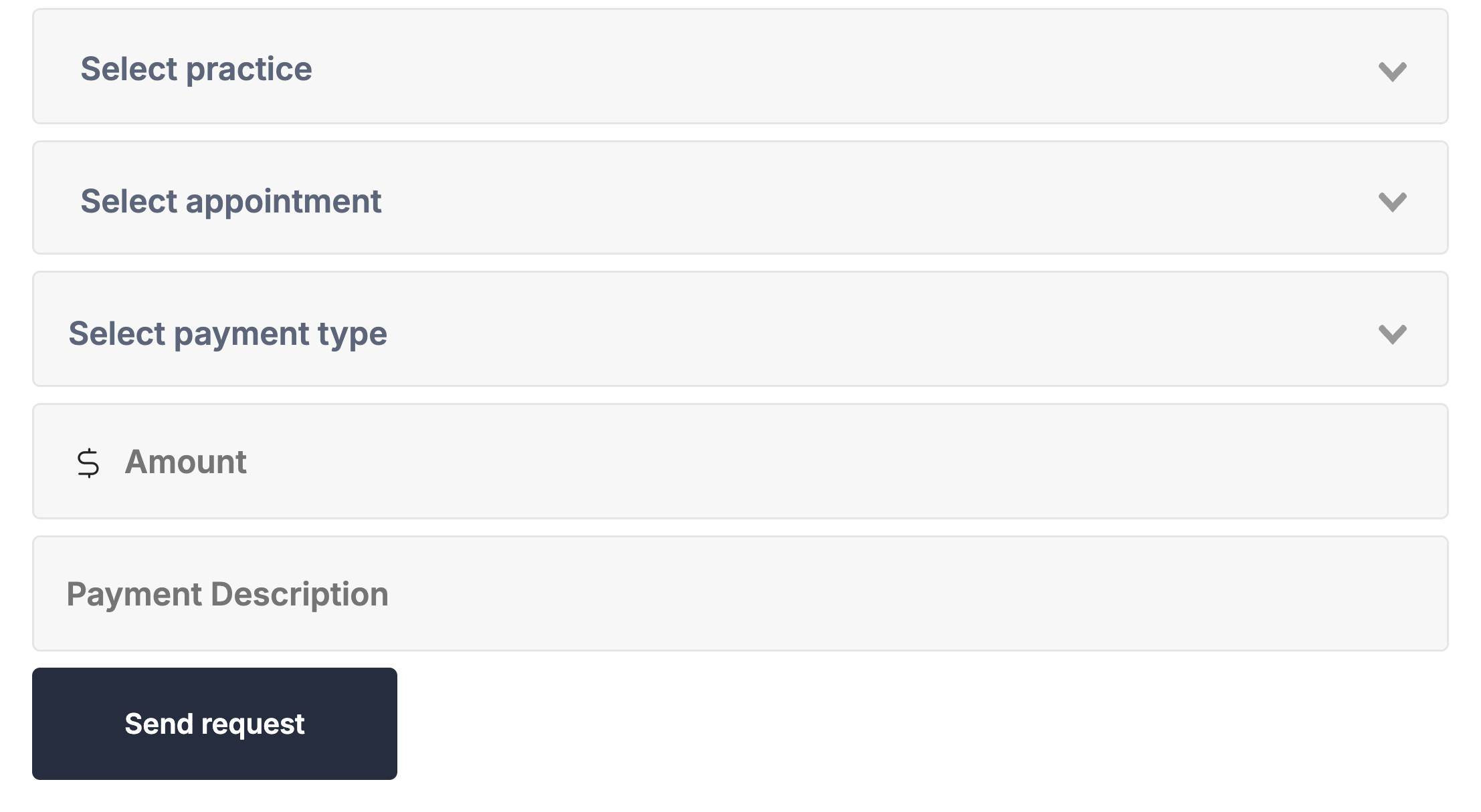 BestDoc payment request form with practice, appointment and payment type selectors, an amount, a payment description and a Send request button.