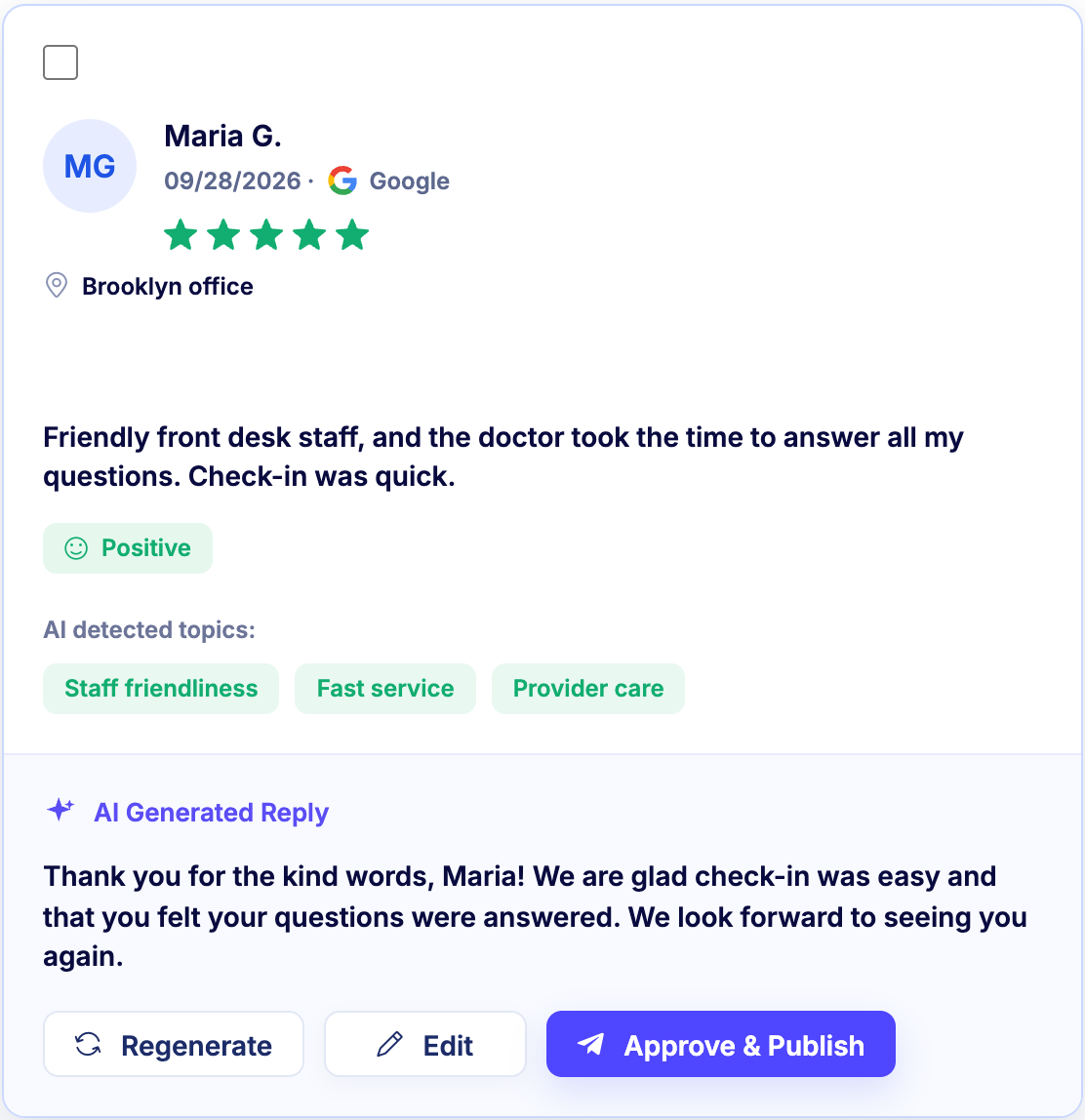 BestDoc Google review inbox with a sample five-star review, detected topics and an AI-drafted reply with Regenerate, Edit and Approve & Publish buttons.